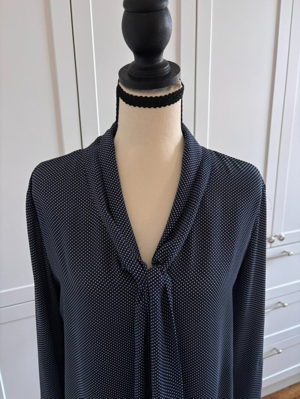 LOFT Navy Polka Dot Tie-Neck Blouse | Size S | Long Sleeve | Swing Silhouette - Picture 2 of 7